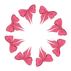 Circular decorative frame made of soft pink ribbon bows arranged in a wreath shape. Elegant romantic border for Valentine cards, wedding designs, invitations, branding and feminine layouts. 