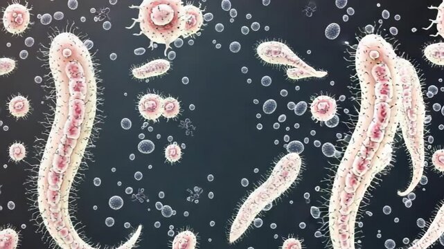selective focus stylized flat illustration of parasite life cycle stages
