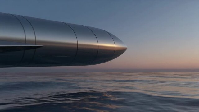 Rocket nose cone flying low over the ocean at dawn or dusk, reflecting soft sky light.