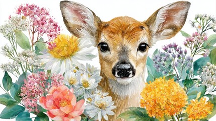 Watercolor baby deer fawn portrait with wildflowers, spring floral woodland animal illustration isolated on white