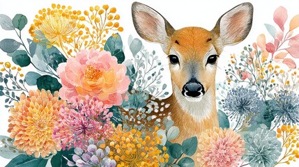 Watercolor fawn deer portrait with floral bouquet, cute woodland nursery illustration on white background