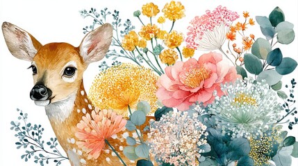 Watercolor baby deer fawn with wildflower bouquet and eucalyptus leaves, cute woodland nursery illustration isolated on white
