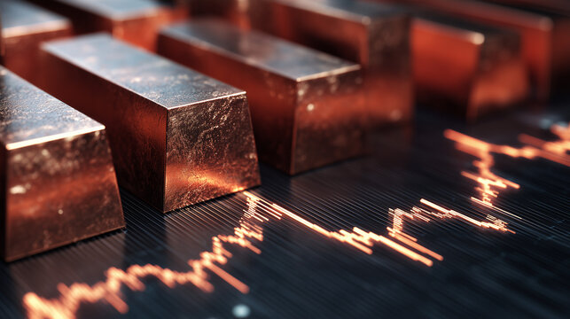Copper bars on price increasing chart. Concept of copper price increasing, economy demand
