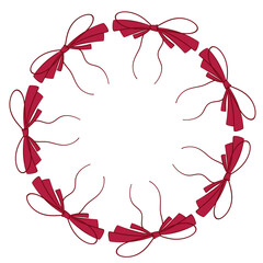 Circular decorative frame made of soft pink ribbon bows arranged in a wreath shape. Elegant romantic border for Valentine cards, wedding designs, invitations, branding and feminine layouts.