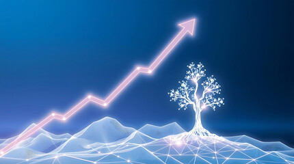 Rising Business Growth Arrow with Digital Tree and Data Landscape