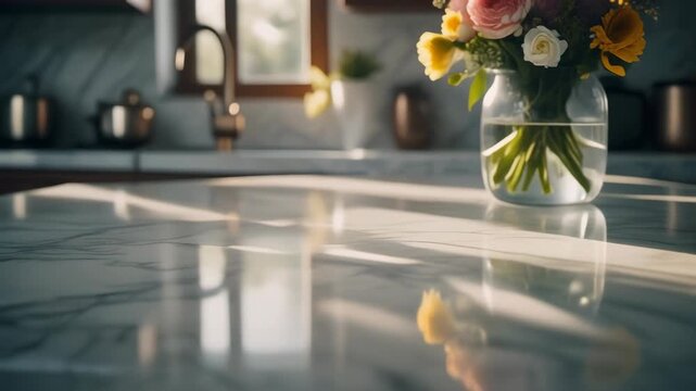A bright kitchen interior featuring a marble countertop with a vase of colorful flowers bathed in sunlight, creating reflections.
