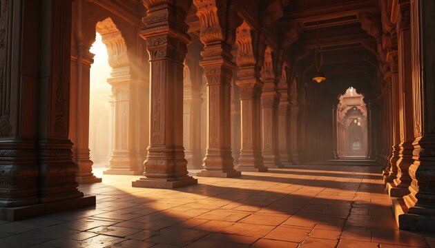 Ornate Indian temple corridor with carved pillars and arched doorways. Sunlight streams through openings creating dramatic shadows on stone floor. Sacred atmosphere in ancient hindu architecture.