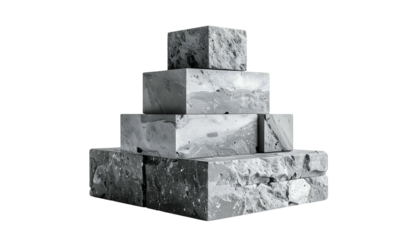 Stacked, gray, rectangular stone blocks resembling a pyramid shape on a black background