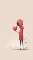 Character holds red heart while standing in a simple outdoor setting during daytime