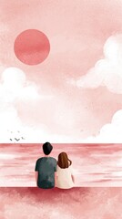 Couple sitting side by side on a beach watching the sunset over the ocean with pink colors in the sky