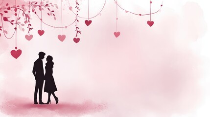 Couple standing close together under hanging hearts in a soft pink background during a romantic moment