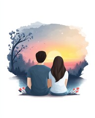 Couple sitting by the water watching the sunset amidst trees and flowers in a natural setting during evening hours