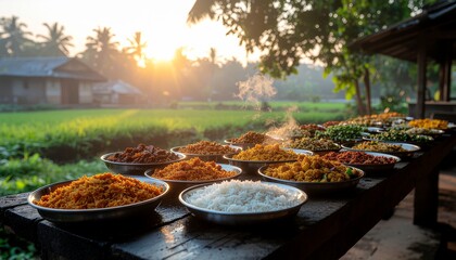 Morning Pongal festival food offering with soft sunlight, South Indian harvest scene