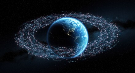 Illuminated planetary sphere encircled by a vast network of orbiting digital connections