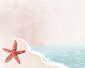 Starfish on sandy beach near calm water with gentle waves at sunset during summer