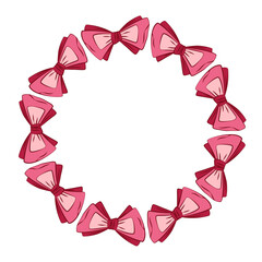 Circular decorative frame made of soft pink ribbon bows arranged in a wreath shape. Elegant romantic border for Valentine cards, wedding designs, invitations, branding and feminine layouts.