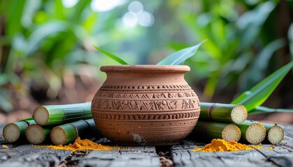 Decorated Pongal clay pot with sugarcane and turmeric leaves, harvest festival still life