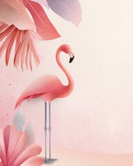 Flamingo standing next to tropical plants in soft colors during a warm afternoon