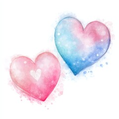 Hearts in pink and blue colors with soft gradients and watercolor effects on a white background