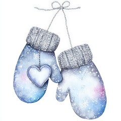 Winter mittens hang together on a string with a heart design in a snowy background, showing a cozy winter theme