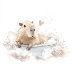 Capybara relaxes in a bath surrounded by bubbles and soft decorations during a cheerful moment at home