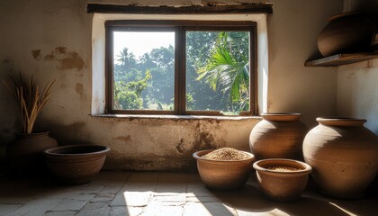 Traditional rural kitchen prepared for Pongal festival, South Indian harvest interior