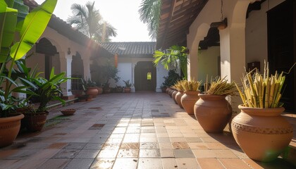 Village courtyard decorated for Pongal harvest festival, traditional South Indian scene