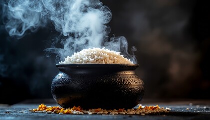 Steam rising from Pongal pot, symbolic South Indian harvest festival food