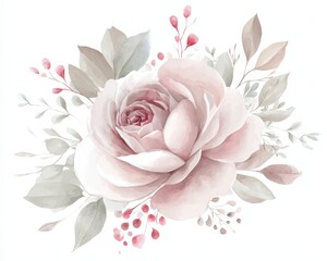 Large pink rose with light leaves and small red berries arranged with soft colors on white background