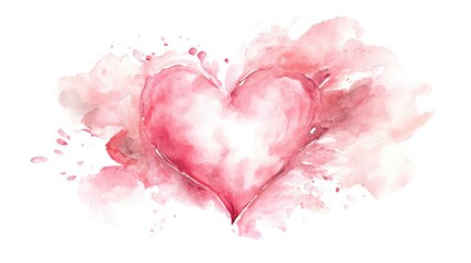 Bright red heart shape with watercolor effect surrounded by soft pink splashes on a white background