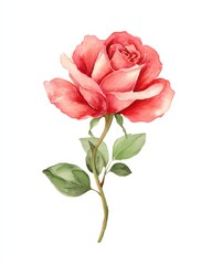Red rose with light pink edges and green leaves on a single stem