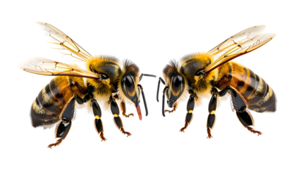 Two honeybees face each other with wings extended, isolated on a black background
