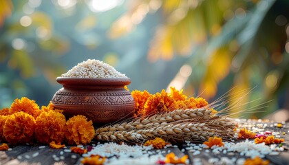 Abstract Pongal harvest festival food composition with warm tones