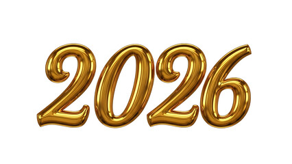 Golden balloon numbers 2026, shiny and reflective, on white background