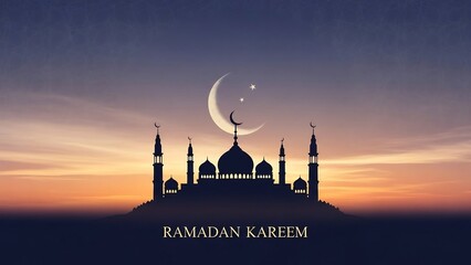 Ramadan Kareem Silhouette Mosque with Crescent Moon and Stars Against Sunset Sky.