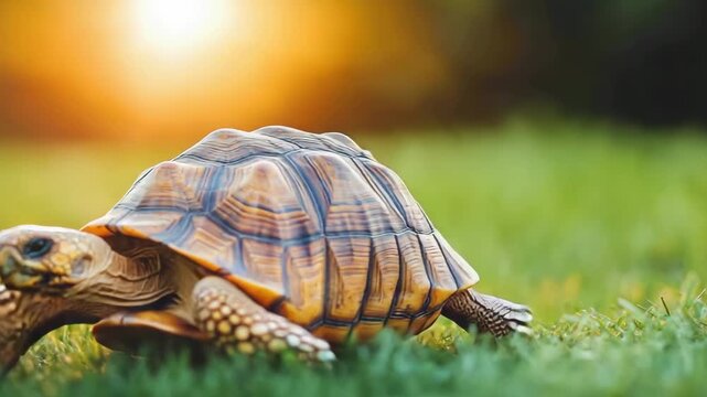selective focus gal&aacute;pagos tortoise slowly crossing sunlit meadow