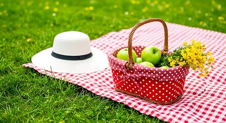 Picnic Basket with Apples and Flowers on a Red and White Checked Blanket green apples
