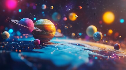 A vibrant cosmic scene with colorful planets and starry nebulae floating above a glowing world map