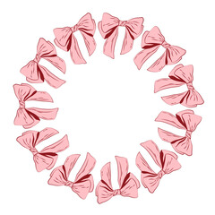 Circular decorative frame made of soft pink ribbon bows arranged in a wreath shape. Elegant romantic border for Valentine cards, wedding designs, invitations, branding and feminine layouts.