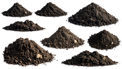 Nine mounds of dark, rich soil, slightly textured, of varying sizes, against a black background