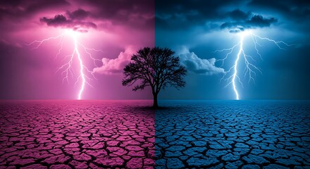Split Sky Lightning Storm Over Cracked Earth With Lone Tree image photo