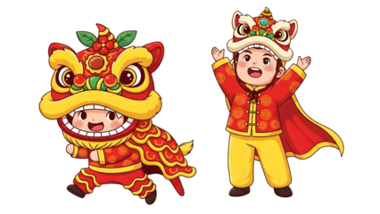 A colorful illustration of a child dressed as a lion dancer and another child wearing a red cape and crown, isolated on transparent background