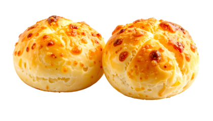Two golden, bubbly cheese bread rolls with baked, bubbly crust and golden spots