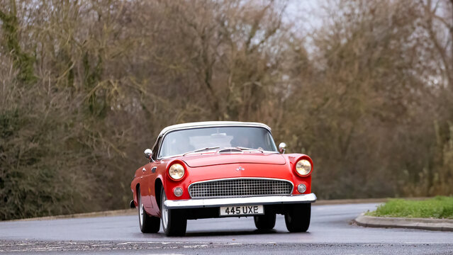 Milton Keynes,Bucks,UK - Jan 1st 2026: 1955 Ford Thunderbird  classic car driving on a British road