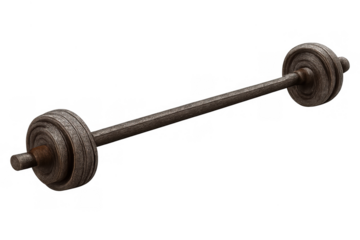 Rusting iron barbell with plates for heavy weightlifting, building strength, fitness, and gym workout equipment on transparent background