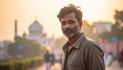 Portrait of a handsome Indian man in a city at sunset