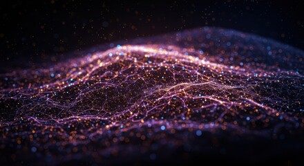 Illuminated digital network spreads across a dark, wavy surface with glowing particles