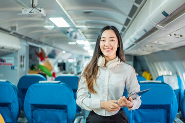  The businesswoman enjoyed her flight by listening to music with wireless headphones and using her smartphone while on the plane.
