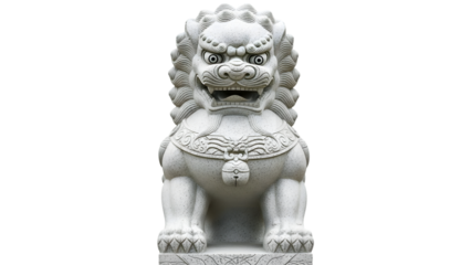 A stone statue of a chinese lion dance guardian isolated on transparent background with intricate carvings and ornate details on its body and head