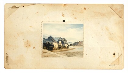 Vintage mountain village by serene lake with majestic rugged peaks